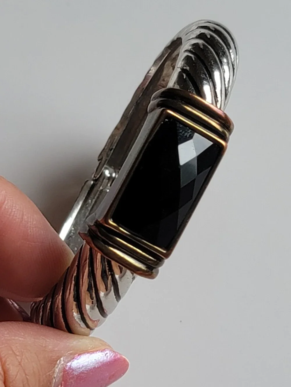 Two-tone: Silver-tone & Brass Clamper Bracelet with Black Faceted Cabachon
